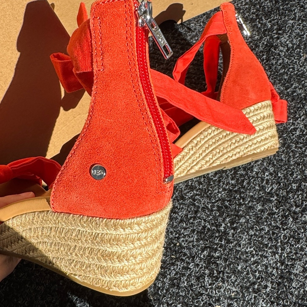 UGG Yarrow Espadrille Wedge Sandal Coral Suede Ankle Tie - Picture 13 of 14